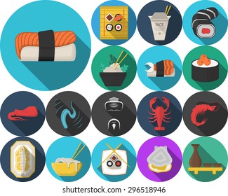 Flat round vector icons set of asian healthy seafood, sushi rolls and rice meal, traditional serving for restaurant menu on white background with long shadow. 