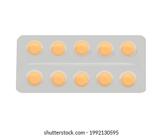 flat round yellow pills in package isolated on white background. drug mockup. advertising of medicines. first aid kit. vector flat.