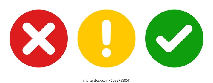 Flat rounded check mark, exclamation point, cross, x mark icon set, green checmark, red cross, and yellow exclamation vector signs, tick mark symbol, x cross, exclamation button, vector illustration.