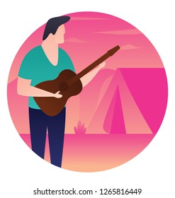 Flat rounded icon of camping guitarist