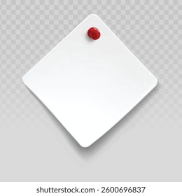 Flat rounded pinned paper note vector with a red push pin and white square on a light gray background. 2D icon and transparent element, perfect for paper note illustrations, realistic pins, or simple 