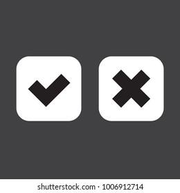 Flat  rounded square shape icons, white checkmark and crossmark, vector, isolated on dark background
