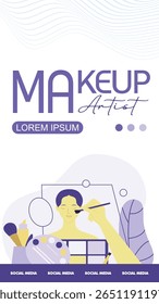 Flat rounded vector illustration of a professional makeup artist applying makeup to a client's face, perfect for beauty and cosmetics themes.