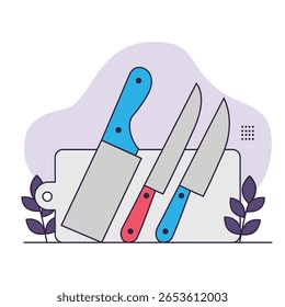 flat rounded vector of knife set and cutting board