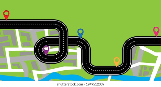 Flat Route On The Map For Concept Design. City Illustration. Chart Concept. Stock Image. Vector Illustration. EPS 10.