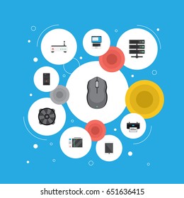 Flat Router, Laptop, Cooler And Other Vector Elements. Set Of PC Flat Symbols Also Includes PC, System, Database Objects.
