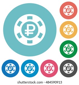Flat Ruble casino chip icon set on round color background.