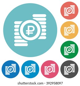 Flat ruble coins icon set on round color background.