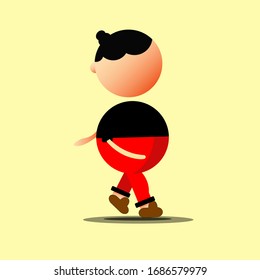 flat run illustration model, with red jeans and black shirt.