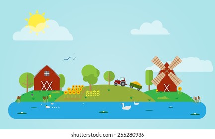 Flat rural countryside vector illustration with barn, windmill, tractor, field of sunflowers and corn, river. Different flat icons of trees, grass, flowers.
