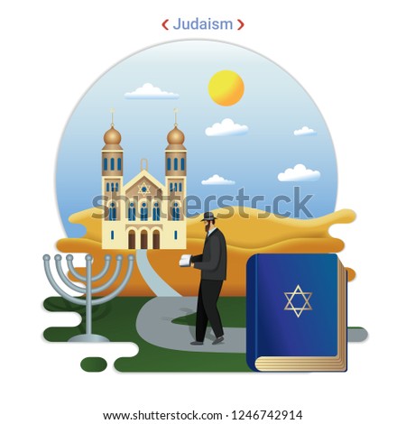 Flat rural landscape illustration symbolizing Judaism. A Rabbi Goes to Serve at the Synagogue.