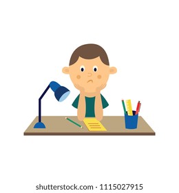 Flat sad boy kid studying sitting at table with pencils and notebook and lamp at desk. Unhappy teen male child student. School education concept. Vector illustration