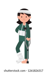 Flat sad character with Broken Leg. Disable woman with a broken leg.Vector Illustration