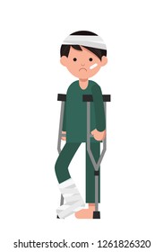 Flat sad character with Broken Leg. Disable man with a broken leg.Vector Illustration