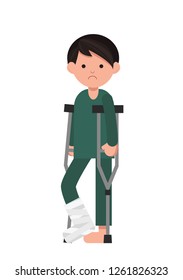 Flat sad character with Broken Leg. Disable man with a broken leg.Vector Illustration