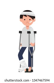 Flat Sad Character With Broken Leg. Disable Man With A Broken Leg.Vector Illustration