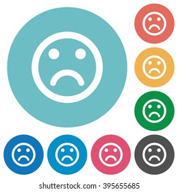 Flat sad emoticon icon set on round color background.