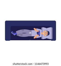 Flat sad frustrated young man lying at sofa with dissapointed emotions holding tablet with chain and lock. Prohibited website, application access concept. Internet ban male character emotions vector