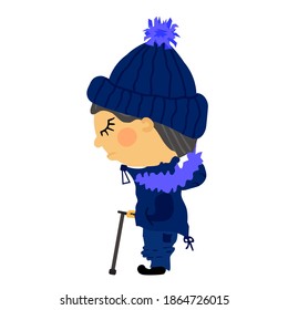 Flat sad old blind man stands in winter clothes with fur. A guy in a knitted blue hat with a pompom, in a blue ski suit.