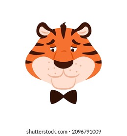 Flat sad striped tiger head isolated on white background. Cute funny unhappy orange wild cat face. Cartoon upset animal. Sorrowful mascot character vector illustration.