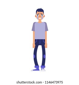 Flat sad young man crying with tears at face. Dissatisfied unhappy male character with negative facial expression. Vector illustration.