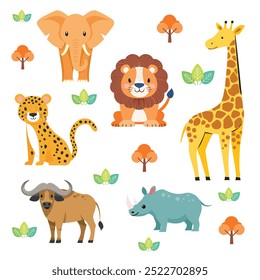 flat safari animals. Giraffe, Lion, African elephant, tiger, Cape Buffalo, Rhinoceros