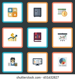 Flat Safe, Book, Tactics And Other Vector Elements. Set Of Accounting Flat Symbols Also Includes Algebra, Circle, Vault Objects.
