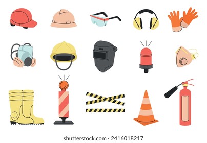 Flat safety equipment. Security and work warning symbols. Personal protection, helmet and gloves, eyeglasses, road cone. Decent vector elements