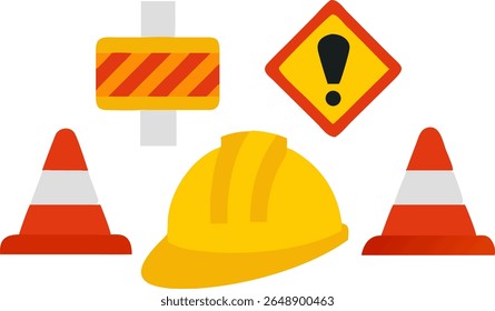 Conjunto plano de ilustração de segurança incluindo chapéu rígido, sinais de aviso e cones de tráfego. Adequado para cartazes de estaleiro e zonas de perigo.