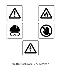 Flat safety signage icons including fire, electricity, PPE, and access restrictions. Scalable EPS and CDR files.