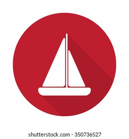 Flat Sailboat icon with long shadow on red circle