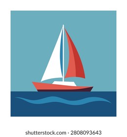 Flat of a sailing boat with red and white sails floating on blue water against a light blue sky