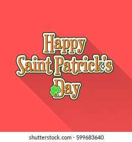 Flat Saint Patricks Day typographic label with green clover on pink background. Material design colors and long shadow. Template for greeting card design, banner, flyer, party invitation.