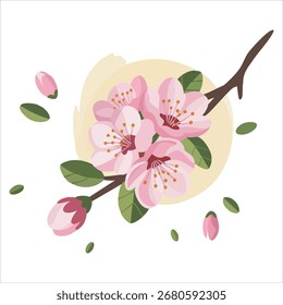 Ilustración plana de Sakura con pétalos que caen Arte vectorial estético aislado sobre fondo blanco