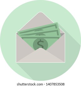 flat salary icon in envelope, dollars, shadow on green background