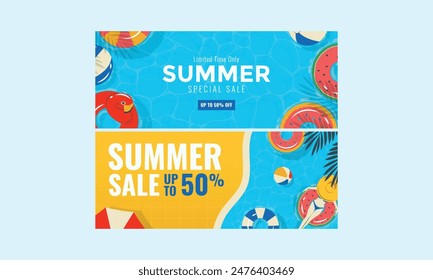 Flat sale banner template set for summertime with colorful float on water