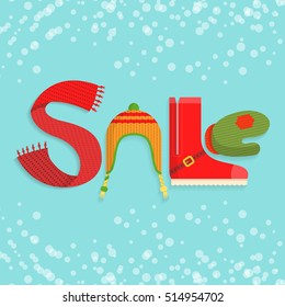Flat SALE word made of clothes and accessories in Christmas colors on blue snowy background vector illustration. Sell-out, discount concept.