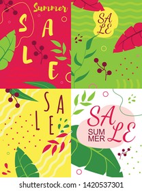 Flat Sales Cards Set on Abstract Floral Backdrop. Vector Tropical Illustration. Advertising Posters and Flyers. Discounts Emails or Newsletters. Ads and Promotional Material for Summer Sell-out
