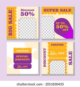 Flat Sales Media social Post with orange and purple color . Ticket Theme vector stock