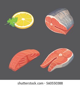 Flat salmon steak and lemon. Fresh organic seafood. Vector illustration.