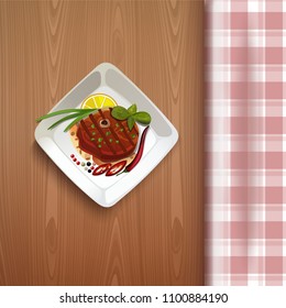 Flat salmon steak and lemon. Red fish on a wooden table with a checkered tablecloth. Fresh organic seafood. Vector illustrationRed fish on a wooden table