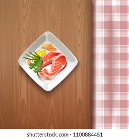 Flat salmon steak and lemon. Red fish on a wooden table with a checkered tablecloth. Fresh organic seafood. Vector illustration