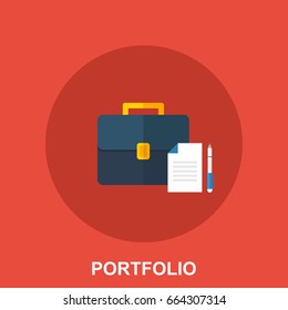 Flat Sample Illustration Concept of Portfolio. Suitcase, CV and a Pen on a Red Background