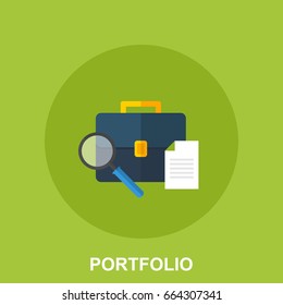 Flat Sample Illustration Concept of Portfolio. Suitcase, CV and Magnifying Glass on a Green Background