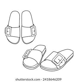 Flat sandal with buckles. Outline vector doodle illustration, front, side, and top view, isolated with a white background.