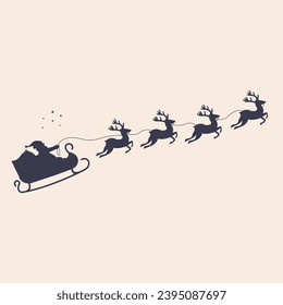 Flat Santa Claus flying with reindeer in the sleigh with christmas gifts bag flat iconic vector line art.