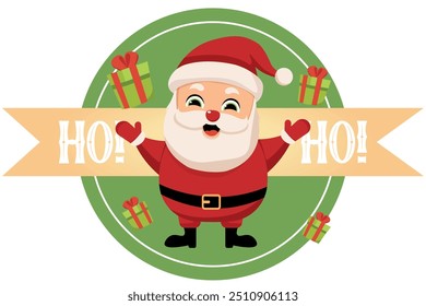 Flat Santa Claus with ribbon ho ho ho and green gifts on white and green circle isolated background. Vector cute Santa Claus character.	