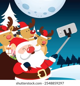 Flat Santa Claus is taking selfie on mobile with reindeers. Christmas vector illustration.