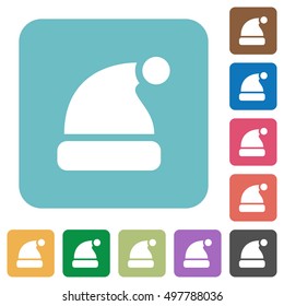 Flat Santa hat icons on rounded square color backgrounds.