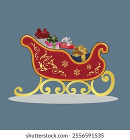 Flat Santa Sleigh Vector Illustration with gift boxes on blue background isolate